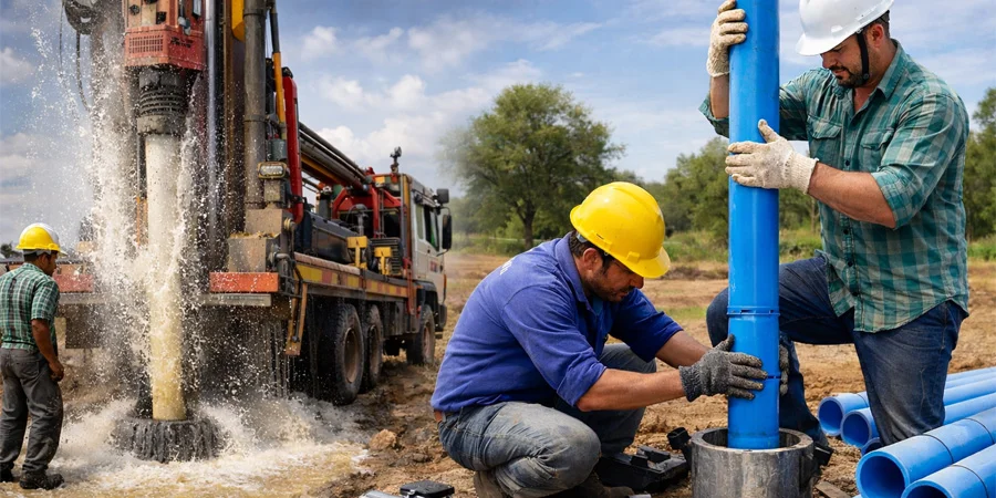 Borewell drilling machine on a work site